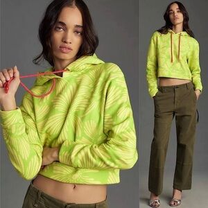 FARM RIO‎ Neon Tropical Floral  Fleece Cropped Relaxed Fit Hooded Sweatshirt M